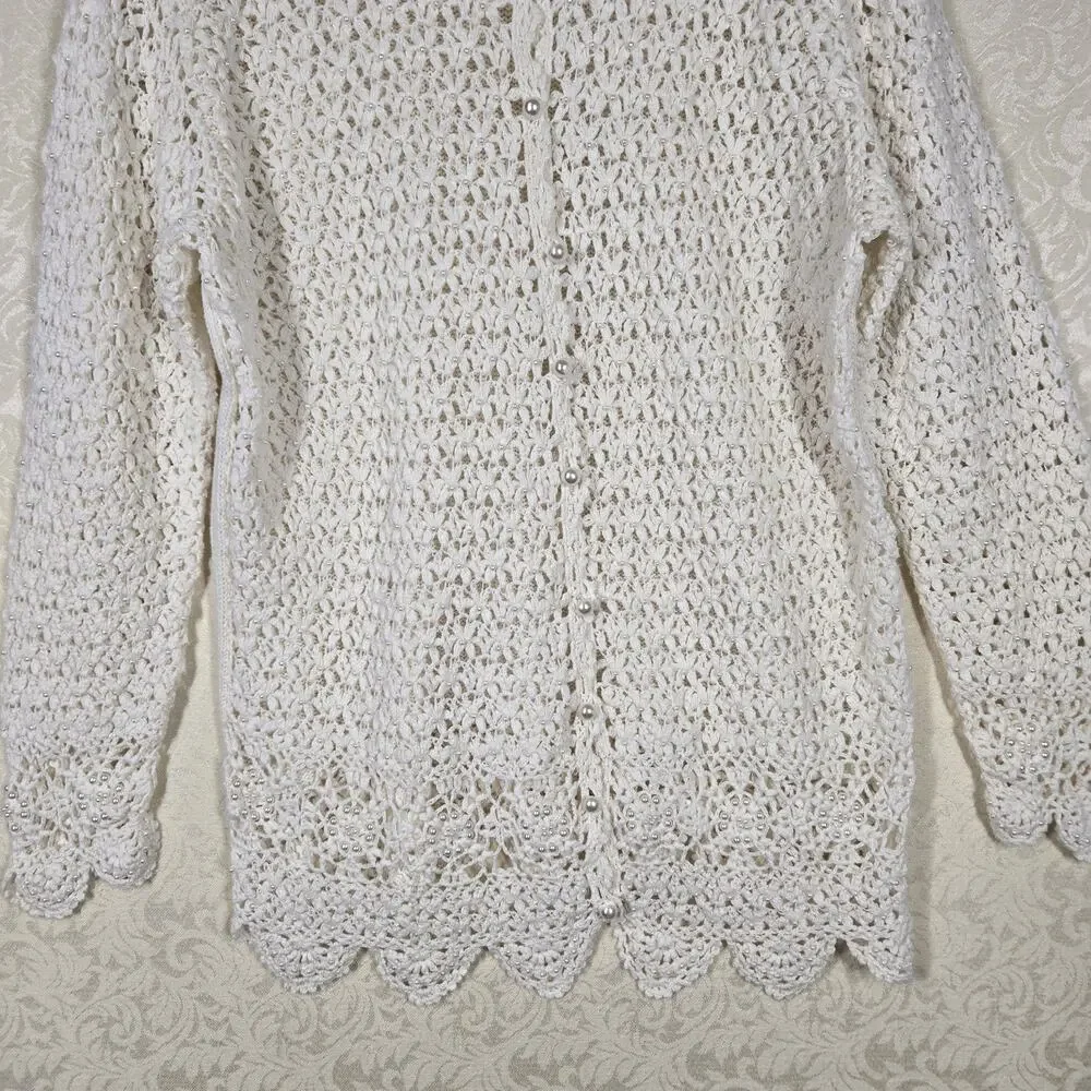 VTG Venezia Crochet Cardigan Sweater 14/16 Ivory Pearls Grandmacore Cottagecore